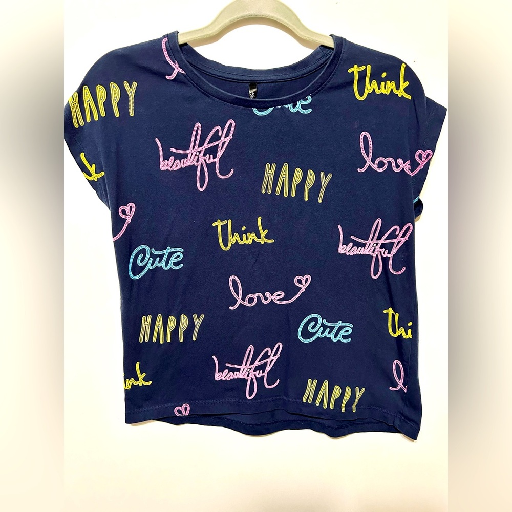 Shyla Short sleeve Happy, Beautiful, Cute, Love, Think print on Navy Blue Tee